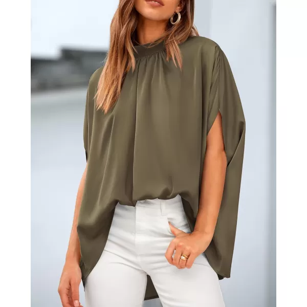 BTFBM Women Mock Neck Batwing Short Sleeve Summer Tops 2024 Spring Loose High Low Hem Casual Oversize Blouses Shirts TopSolid Army Green