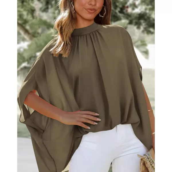 BTFBM Women Mock Neck Batwing Short Sleeve Summer Tops 2024 Spring Loose High Low Hem Casual Oversize Blouses Shirts TopSolid Army Green