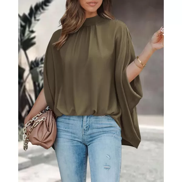 BTFBM Women Mock Neck Batwing Short Sleeve Summer Tops 2024 Spring Loose High Low Hem Casual Oversize Blouses Shirts TopSolid Army Green