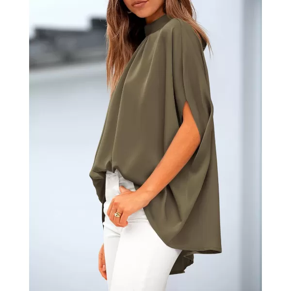 BTFBM Women Mock Neck Batwing Short Sleeve Summer Tops 2024 Spring Loose High Low Hem Casual Oversize Blouses Shirts TopSolid Army Green