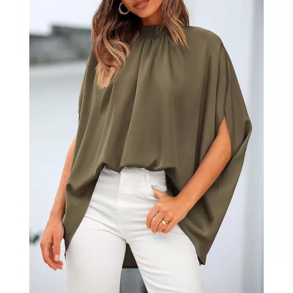 BTFBM Women Mock Neck Batwing Short Sleeve Summer Tops 2024 Spring Loose High Low Hem Casual Oversize Blouses Shirts TopSolid Army Green