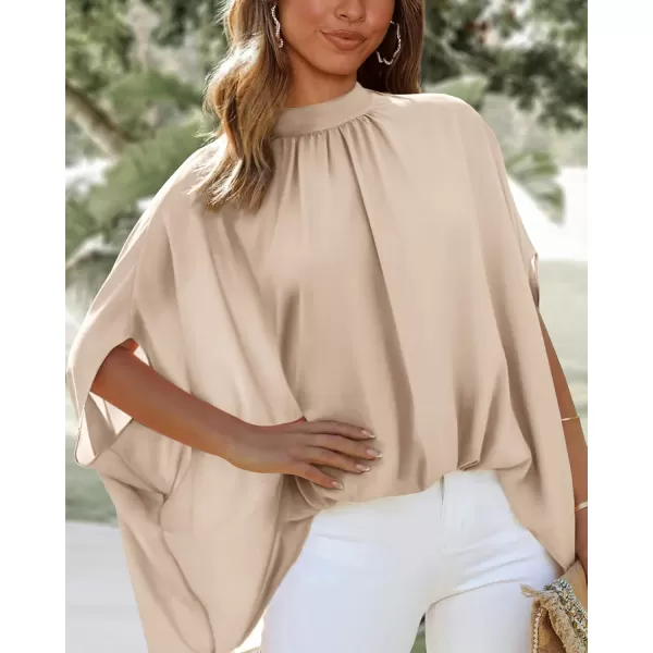BTFBM Women Mock Neck Batwing Short Sleeve Summer Tops 2024 Spring Loose High Low Hem Casual Oversize Blouses Shirts TopSolid Beige