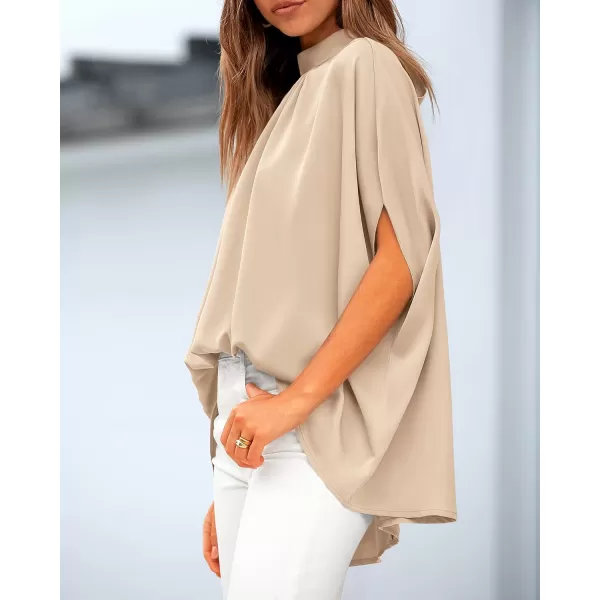 BTFBM Women Mock Neck Batwing Short Sleeve Summer Tops 2024 Spring Loose High Low Hem Casual Oversize Blouses Shirts TopSolid Beige