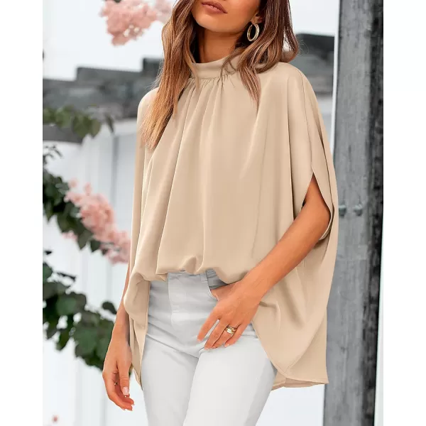 BTFBM Women Mock Neck Batwing Short Sleeve Summer Tops 2024 Spring Loose High Low Hem Casual Oversize Blouses Shirts TopSolid Beige