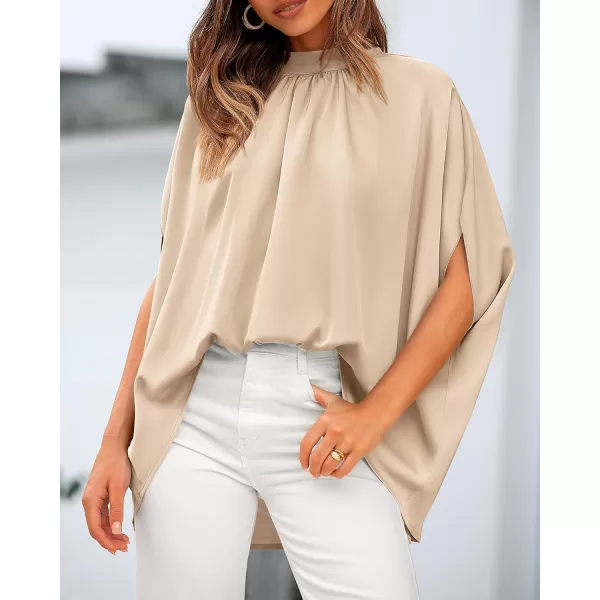 BTFBM Women Mock Neck Batwing Short Sleeve Summer Tops 2024 Spring Loose High Low Hem Casual Oversize Blouses Shirts TopSolid Beige