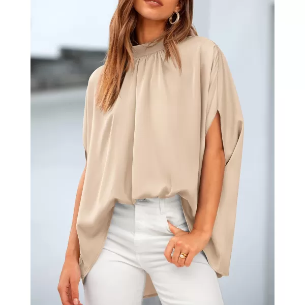 BTFBM Women Mock Neck Batwing Short Sleeve Summer Tops 2024 Spring Loose High Low Hem Casual Oversize Blouses Shirts TopSolid Beige