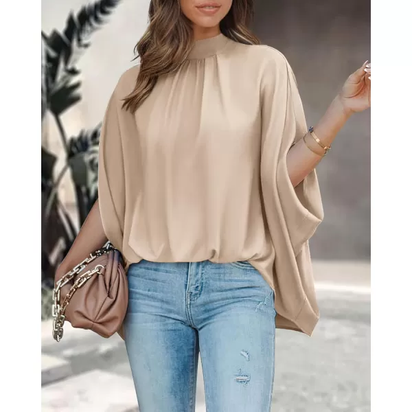 BTFBM Women Mock Neck Batwing Short Sleeve Summer Tops 2024 Spring Loose High Low Hem Casual Oversize Blouses Shirts TopSolid Beige