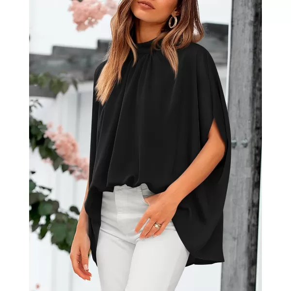 BTFBM Women Mock Neck Batwing Short Sleeve Summer Tops 2024 Spring Loose High Low Hem Casual Oversize Blouses Shirts TopSolid Black