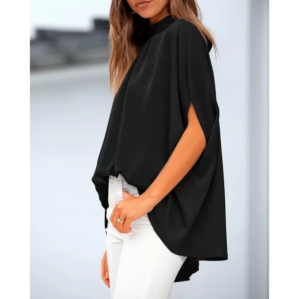 BTFBM Women Mock Neck Batwing Short Sleeve Summer Tops 2024 Spring Loose High Low Hem Casual Oversize Blouses Shirts TopSolid Black