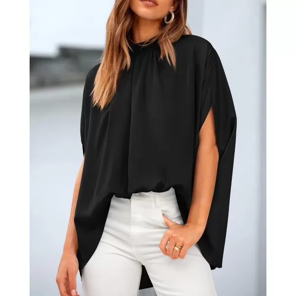 BTFBM Women Mock Neck Batwing Short Sleeve Summer Tops 2024 Spring Loose High Low Hem Casual Oversize Blouses Shirts TopSolid Black