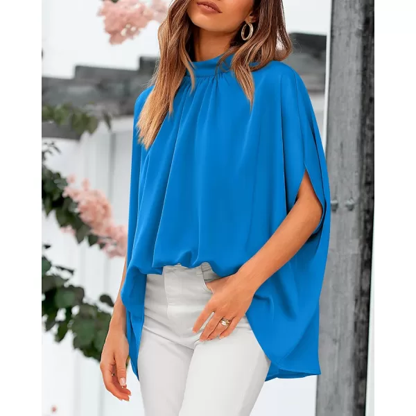 BTFBM Women Mock Neck Batwing Short Sleeve Summer Tops 2024 Spring Loose High Low Hem Casual Oversize Blouses Shirts TopSolid Blue