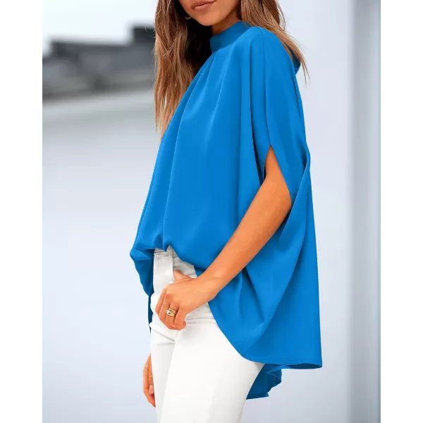 BTFBM Women Mock Neck Batwing Short Sleeve Summer Tops 2024 Spring Loose High Low Hem Casual Oversize Blouses Shirts TopSolid Blue