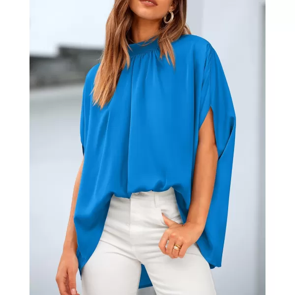 BTFBM Women Mock Neck Batwing Short Sleeve Summer Tops 2024 Spring Loose High Low Hem Casual Oversize Blouses Shirts TopSolid Blue