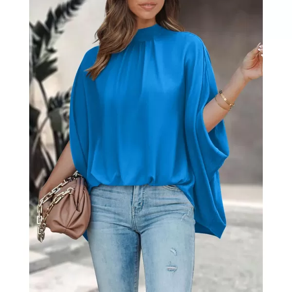 BTFBM Women Mock Neck Batwing Short Sleeve Summer Tops 2024 Spring Loose High Low Hem Casual Oversize Blouses Shirts TopSolid Blue