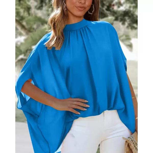 BTFBM Women Mock Neck Batwing Short Sleeve Summer Tops 2024 Spring Loose High Low Hem Casual Oversize Blouses Shirts TopSolid Blue