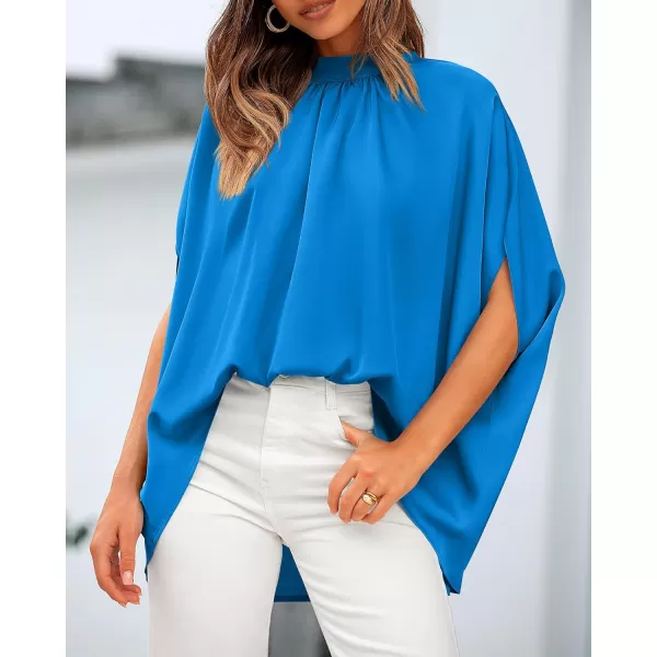 BTFBM Women Mock Neck Batwing Short Sleeve Summer Tops 2024 Spring Loose High Low Hem Casual Oversize Blouses Shirts TopSolid Blue