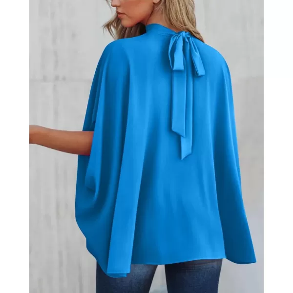BTFBM Women Mock Neck Batwing Short Sleeve Summer Tops 2024 Spring Loose High Low Hem Casual Oversize Blouses Shirts TopSolid Blue