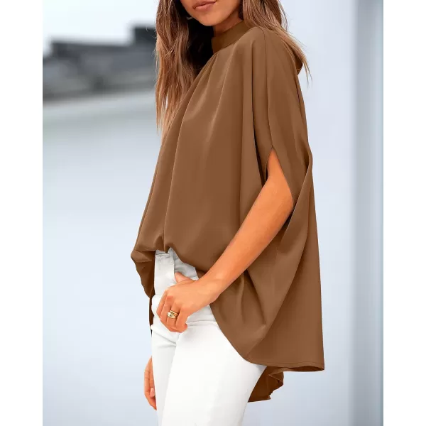 BTFBM Women Mock Neck Batwing Short Sleeve Summer Tops 2024 Spring Loose High Low Hem Casual Oversize Blouses Shirts TopSolid Brown