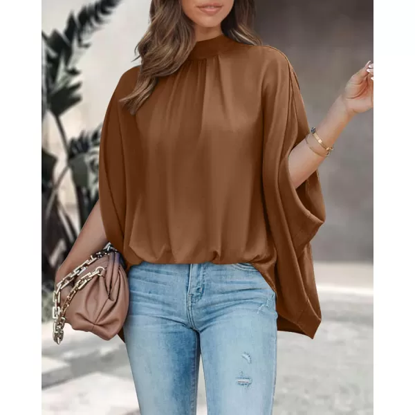 BTFBM Women Mock Neck Batwing Short Sleeve Summer Tops 2024 Spring Loose High Low Hem Casual Oversize Blouses Shirts TopSolid Brown
