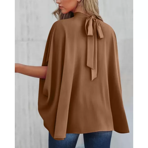 BTFBM Women Mock Neck Batwing Short Sleeve Summer Tops 2024 Spring Loose High Low Hem Casual Oversize Blouses Shirts TopSolid Brown