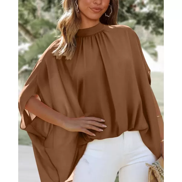 BTFBM Women Mock Neck Batwing Short Sleeve Summer Tops 2024 Spring Loose High Low Hem Casual Oversize Blouses Shirts TopSolid Brown