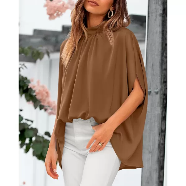 BTFBM Women Mock Neck Batwing Short Sleeve Summer Tops 2024 Spring Loose High Low Hem Casual Oversize Blouses Shirts TopSolid Brown
