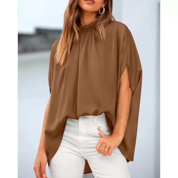 BTFBM Women Mock Neck Batwing Short Sleeve Summer Tops 2024 Spring Loose High Low Hem Casual Oversize Blouses Shirts TopSolid Brown