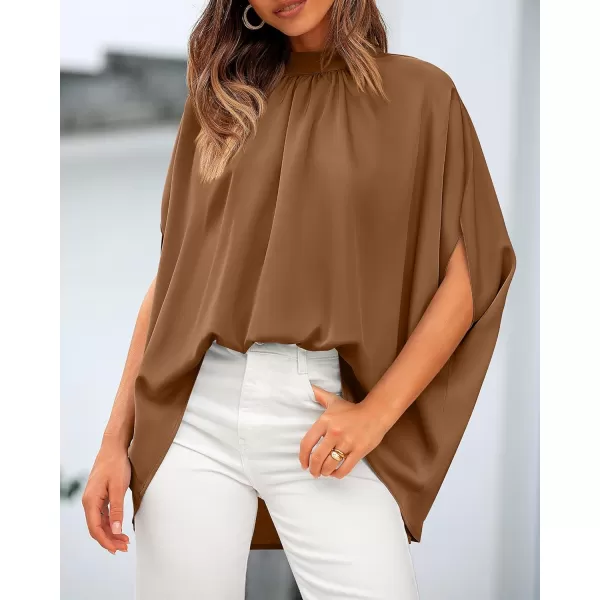 BTFBM Women Mock Neck Batwing Short Sleeve Summer Tops 2024 Spring Loose High Low Hem Casual Oversize Blouses Shirts TopSolid Brown