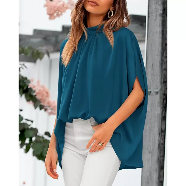 BTFBM Women Mock Neck Batwing Short Sleeve Summer Tops 2024 Spring Loose High Low Hem Casual Oversize Blouses Shirts TopSolid Dark Blue