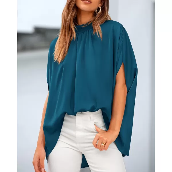BTFBM Women Mock Neck Batwing Short Sleeve Summer Tops 2024 Spring Loose High Low Hem Casual Oversize Blouses Shirts TopSolid Dark Blue