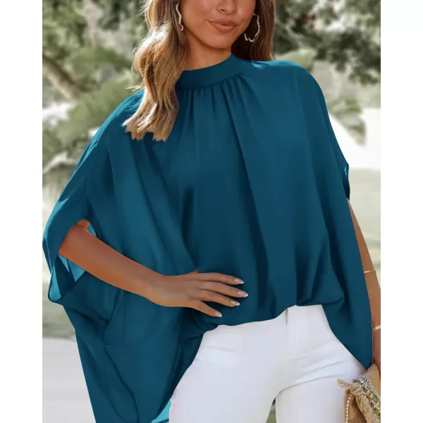 BTFBM Women Mock Neck Batwing Short Sleeve Summer Tops 2024 Spring Loose High Low Hem Casual Oversize Blouses Shirts TopSolid Dark Blue