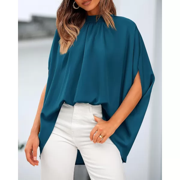 BTFBM Women Mock Neck Batwing Short Sleeve Summer Tops 2024 Spring Loose High Low Hem Casual Oversize Blouses Shirts TopSolid Dark Blue