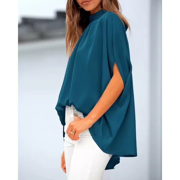 BTFBM Women Mock Neck Batwing Short Sleeve Summer Tops 2024 Spring Loose High Low Hem Casual Oversize Blouses Shirts TopSolid Dark Blue