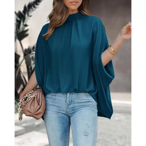 BTFBM Women Mock Neck Batwing Short Sleeve Summer Tops 2024 Spring Loose High Low Hem Casual Oversize Blouses Shirts TopSolid Dark Blue