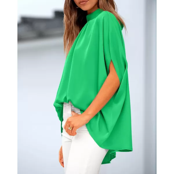 BTFBM Women Mock Neck Batwing Short Sleeve Summer Tops 2024 Spring Loose High Low Hem Casual Oversize Blouses Shirts TopSolid Grass Green