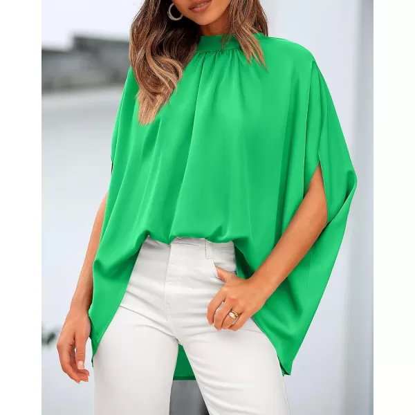 BTFBM Women Mock Neck Batwing Short Sleeve Summer Tops 2024 Spring Loose High Low Hem Casual Oversize Blouses Shirts TopSolid Grass Green