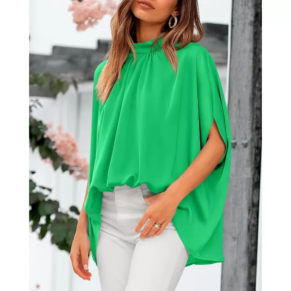 BTFBM Women Mock Neck Batwing Short Sleeve Summer Tops 2024 Spring Loose High Low Hem Casual Oversize Blouses Shirts TopSolid Grass Green