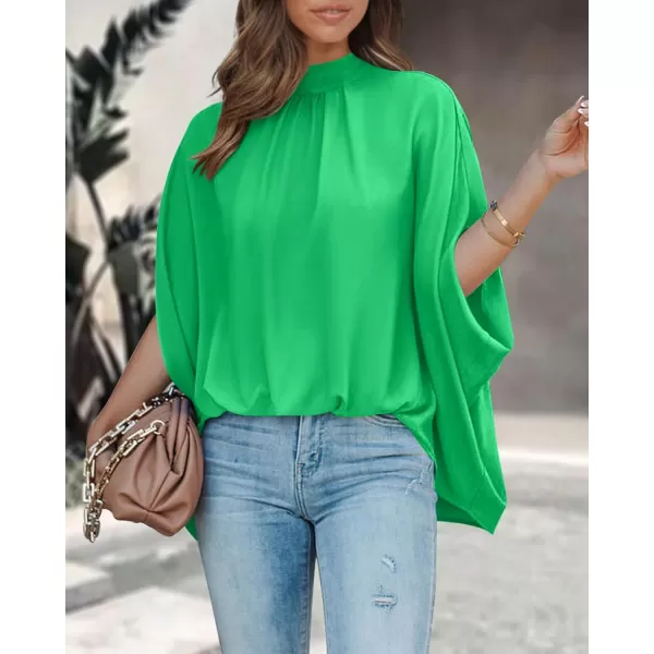 BTFBM Women Mock Neck Batwing Short Sleeve Summer Tops 2024 Spring Loose High Low Hem Casual Oversize Blouses Shirts TopSolid Grass Green