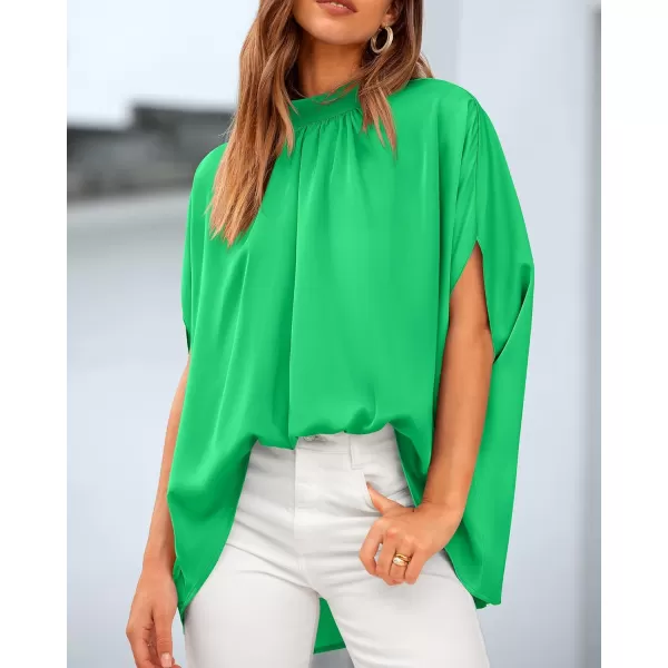 BTFBM Women Mock Neck Batwing Short Sleeve Summer Tops 2024 Spring Loose High Low Hem Casual Oversize Blouses Shirts TopSolid Grass Green