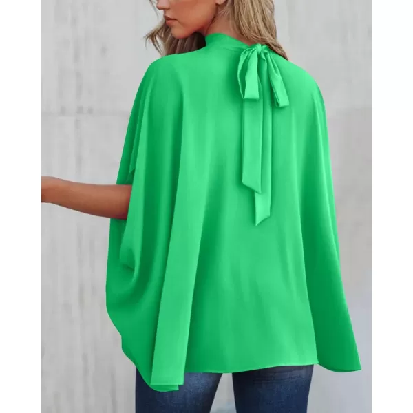 BTFBM Women Mock Neck Batwing Short Sleeve Summer Tops 2024 Spring Loose High Low Hem Casual Oversize Blouses Shirts TopSolid Grass Green