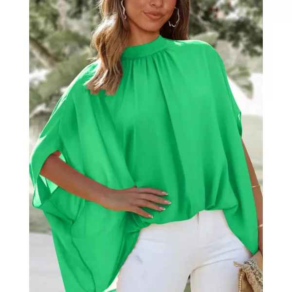 BTFBM Women Mock Neck Batwing Short Sleeve Summer Tops 2024 Spring Loose High Low Hem Casual Oversize Blouses Shirts TopSolid Grass Green