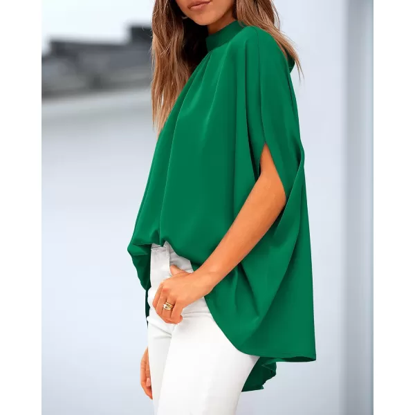 BTFBM Women Mock Neck Batwing Short Sleeve Summer Tops 2024 Spring Loose High Low Hem Casual Oversize Blouses Shirts TopSolid Green