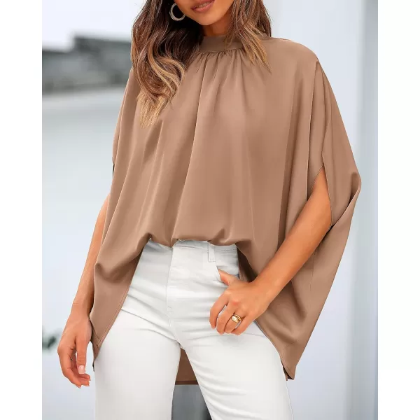 BTFBM Women Mock Neck Batwing Short Sleeve Summer Tops 2024 Spring Loose High Low Hem Casual Oversize Blouses Shirts TopSolid Khaki