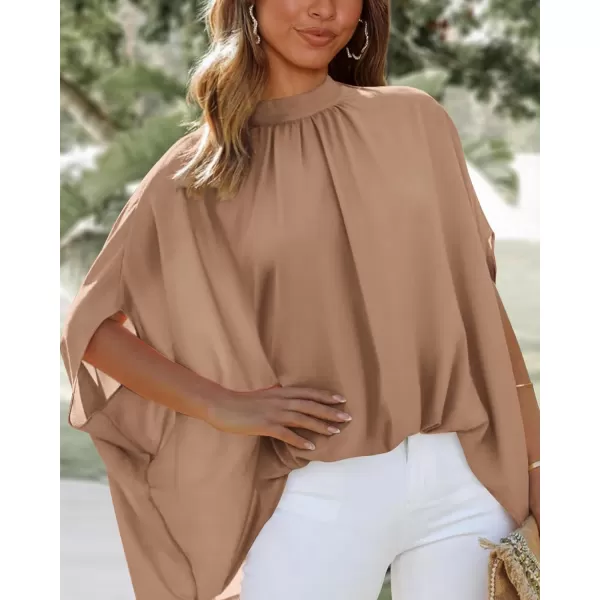 BTFBM Women Mock Neck Batwing Short Sleeve Summer Tops 2024 Spring Loose High Low Hem Casual Oversize Blouses Shirts TopSolid Khaki