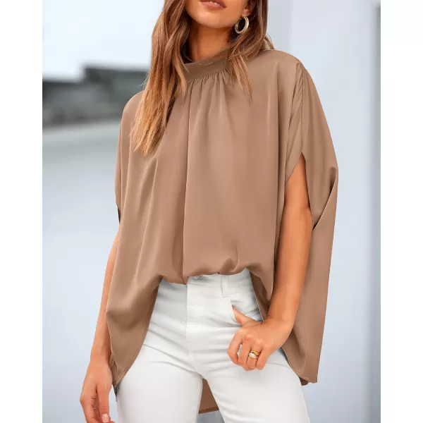 BTFBM Women Mock Neck Batwing Short Sleeve Summer Tops 2024 Spring Loose High Low Hem Casual Oversize Blouses Shirts TopSolid Khaki