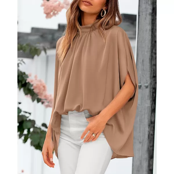 BTFBM Women Mock Neck Batwing Short Sleeve Summer Tops 2024 Spring Loose High Low Hem Casual Oversize Blouses Shirts TopSolid Khaki