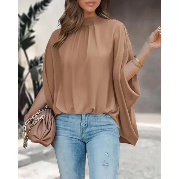 BTFBM Women Mock Neck Batwing Short Sleeve Summer Tops 2024 Spring Loose High Low Hem Casual Oversize Blouses Shirts TopSolid Khaki