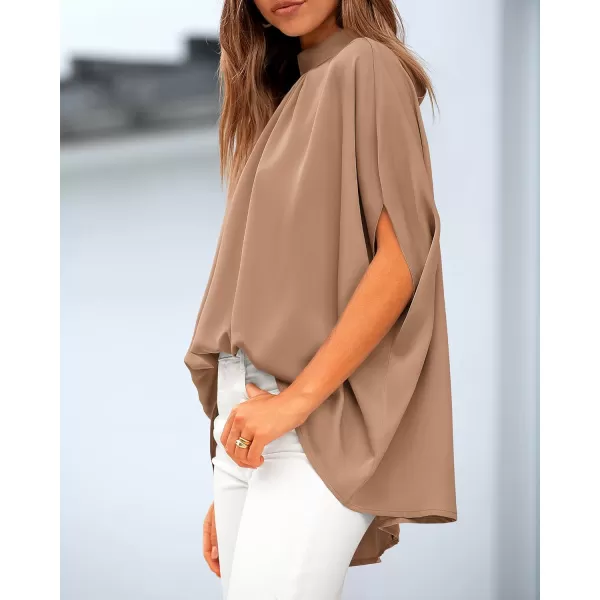 BTFBM Women Mock Neck Batwing Short Sleeve Summer Tops 2024 Spring Loose High Low Hem Casual Oversize Blouses Shirts TopSolid Khaki