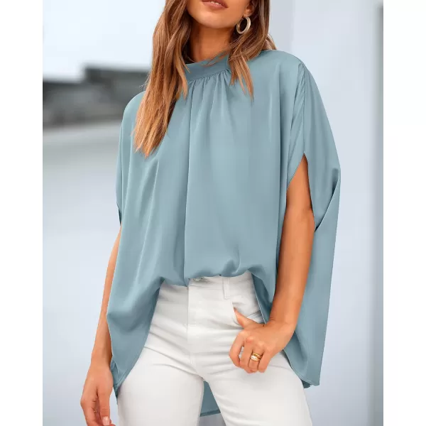 BTFBM Women Mock Neck Batwing Short Sleeve Summer Tops 2024 Spring Loose High Low Hem Casual Oversize Blouses Shirts TopSolid Light Blue
