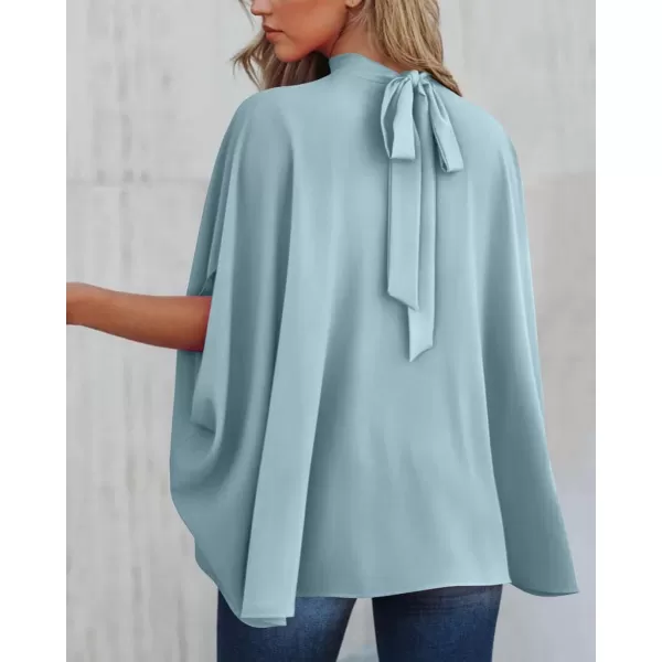 BTFBM Women Mock Neck Batwing Short Sleeve Summer Tops 2024 Spring Loose High Low Hem Casual Oversize Blouses Shirts TopSolid Light Blue